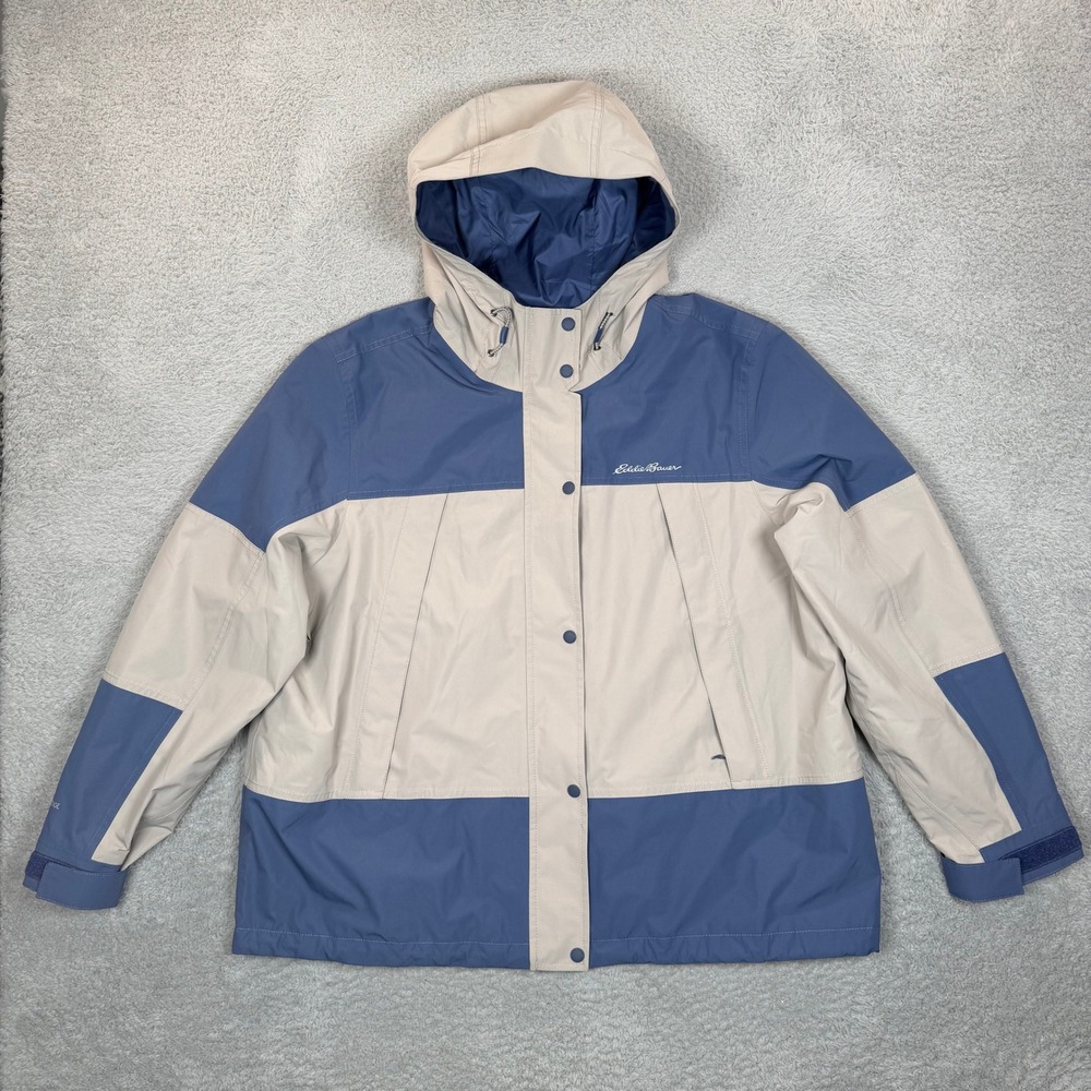 Eddie‎ Bauer WeatherEdge Rain Jacket Womens XXL Tan Blue Colorblock Hooded Coat